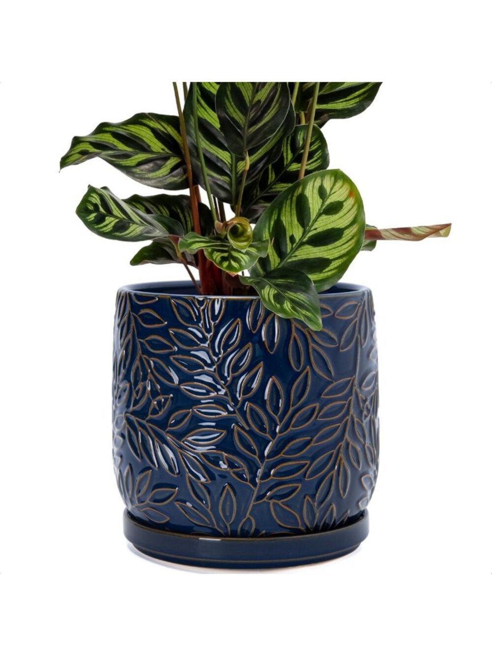 Midnight Blue 8” Embossed Leaves Ceramic Planter - Stylish Home Decor Accent